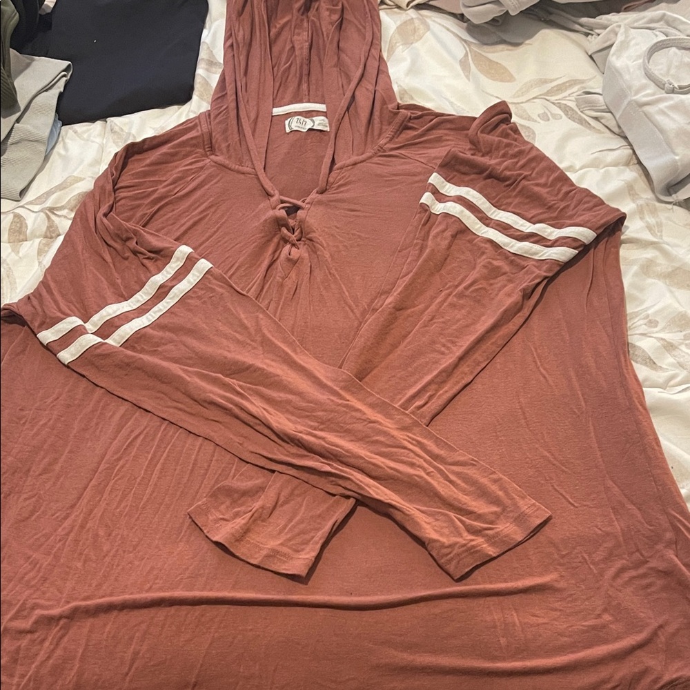 Women's Rust Long Sleeve Hooded Tee with Stripes
